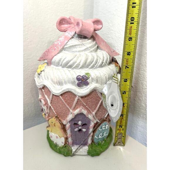 EASTER CUPCAKE Pastel Led Light-Up Gingerbread House, With Glitter and Pink Bow - Picture 5 of 6